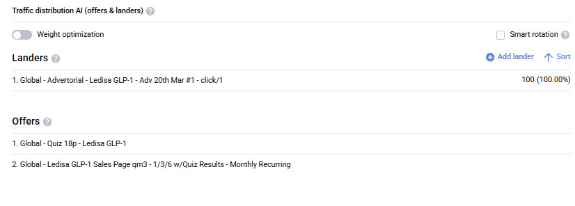 3-step path setup — advertorial lander + quiz and sales page offers