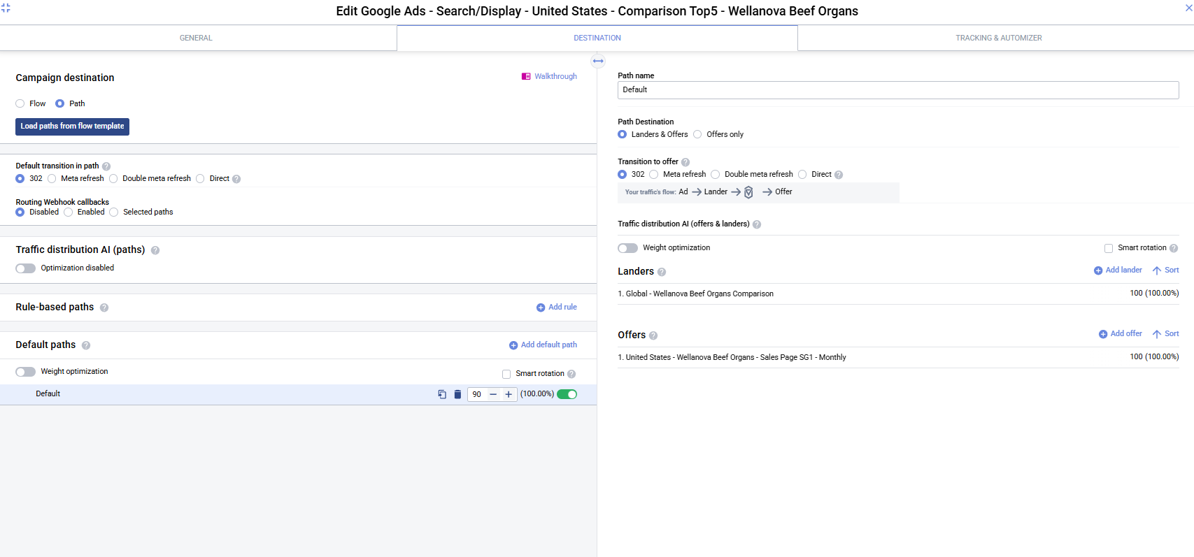 Destination tab with path selected, Landers and Offers on the right