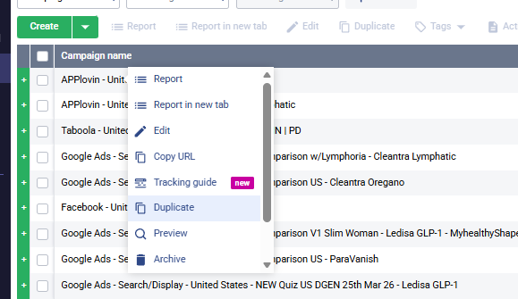Campaign list with Duplicate button in toolbar