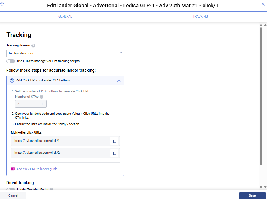 Lander Tracking tab with Number of CTAs = 2