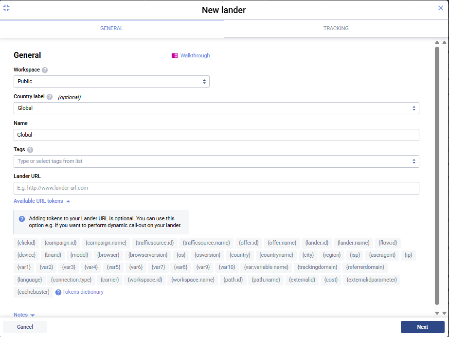 New Lander General tab