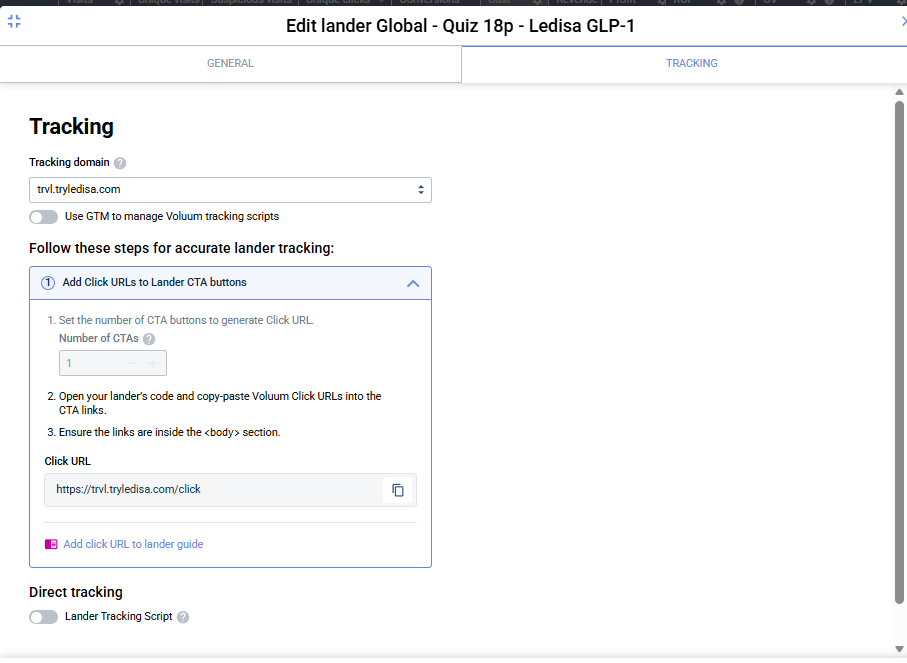 Lander Tracking tab with domain selected, CTAs set, Click URL generated