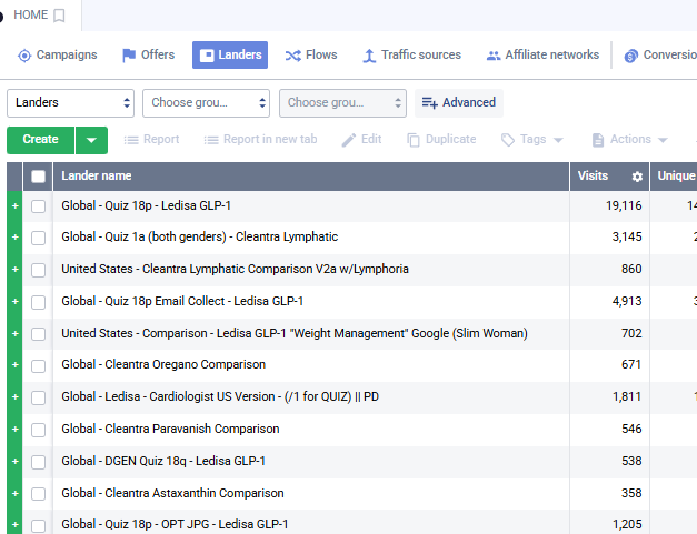 Landers list view with Create and Duplicate buttons