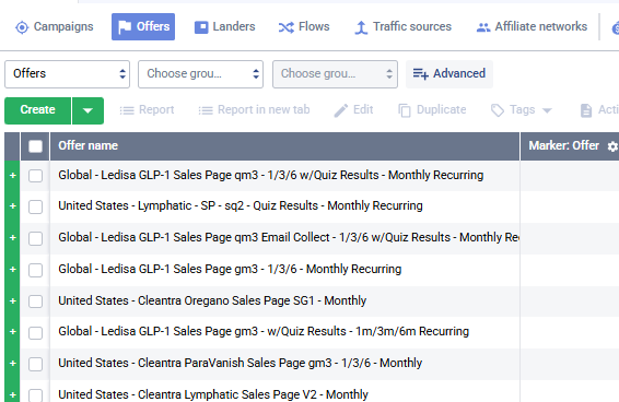 Offers list view with Create button