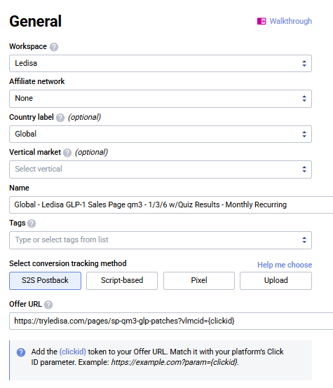 New Offer General tab filled with Ledisa example