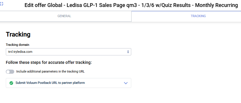 Offer Tracking tab with tracking domain selected