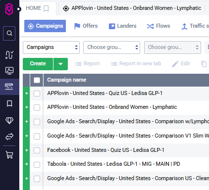 Campaigns list with Create button highlighted