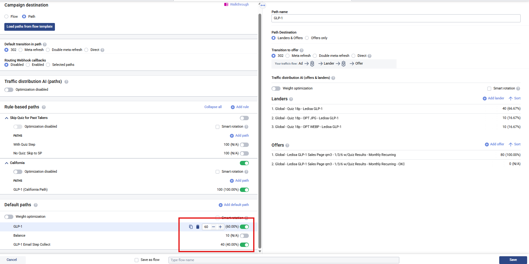 Default paths with multiple paths, weights, active/disabled toggles