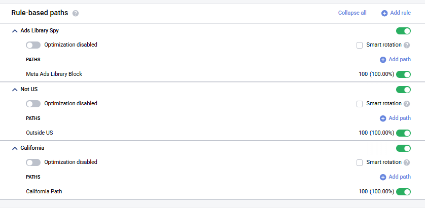 Stacked rules — Ads Library Spy, Not US, California