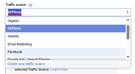 Traffic source dropdown expanded