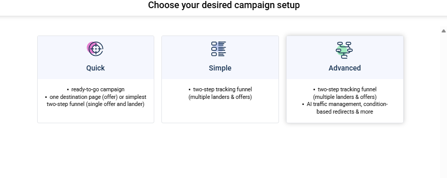 Choose campaign setup modal — Quick, Simple, Advanced