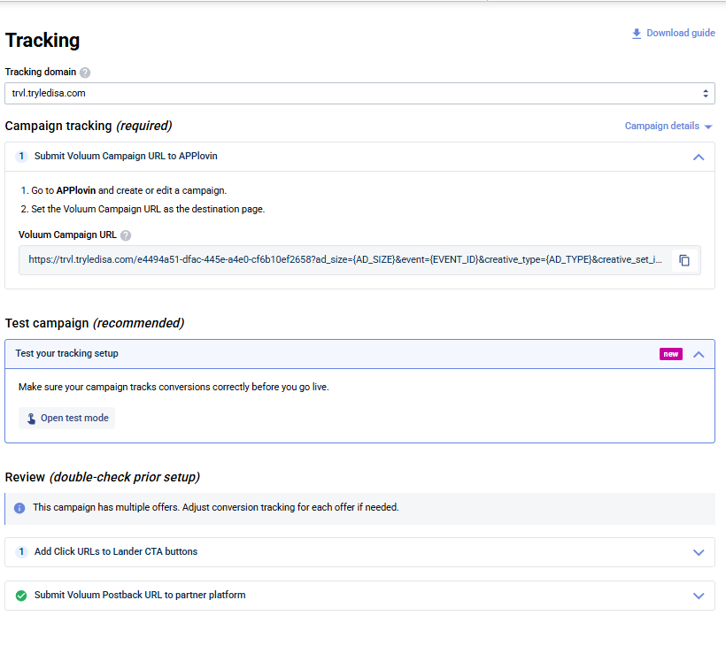 Tracking & Automizer tab with tracking domain
